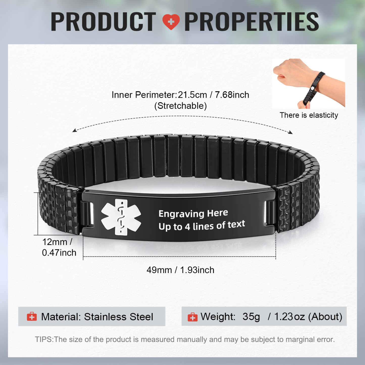 Herren Personalisierte 4 Texte Schwarz/ Golden Edelstahl Notfall-Medizin-Armband