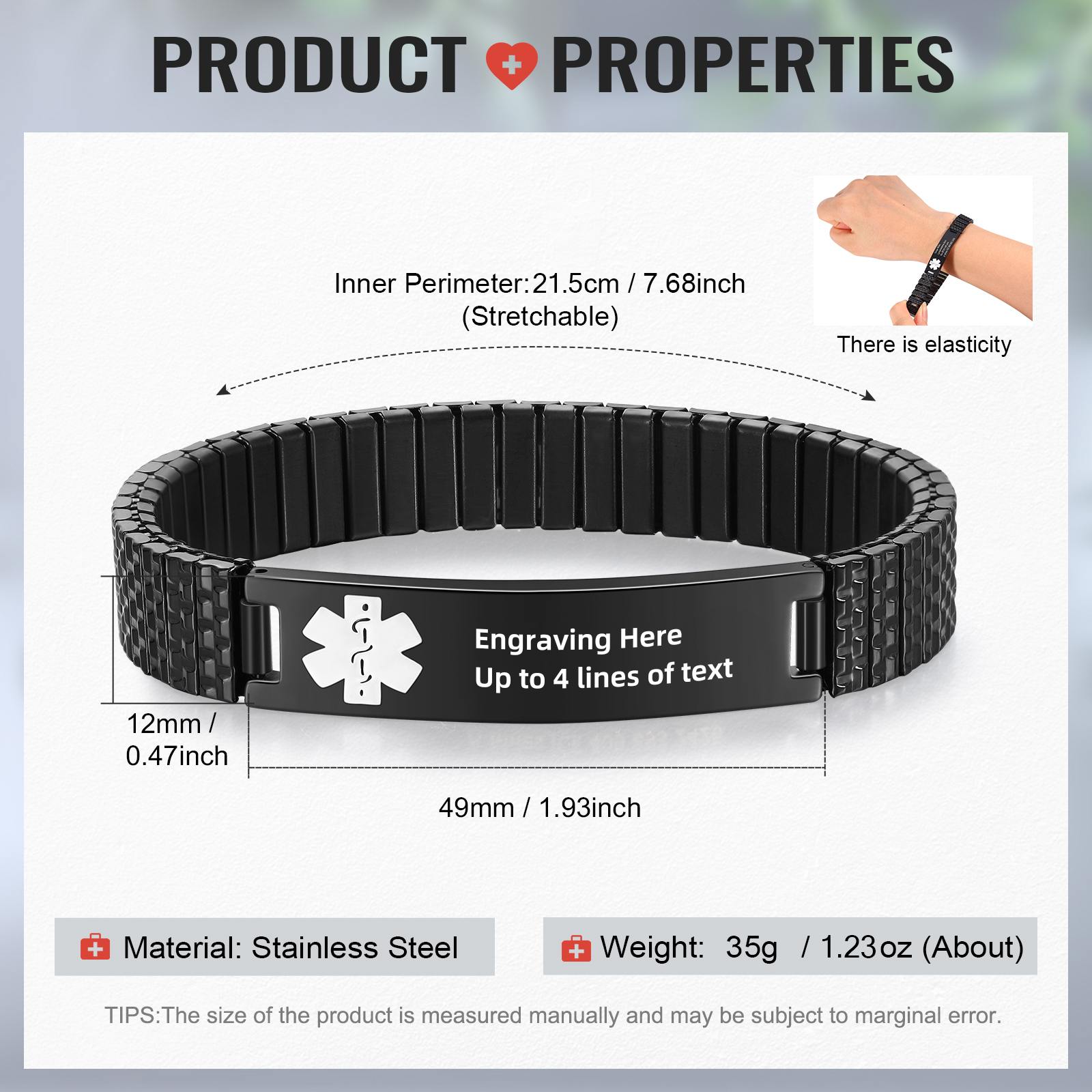 Herren Personalisierte 4 Texte Schwarz/ Golden Edelstahl Notfall-Medizin-Armband