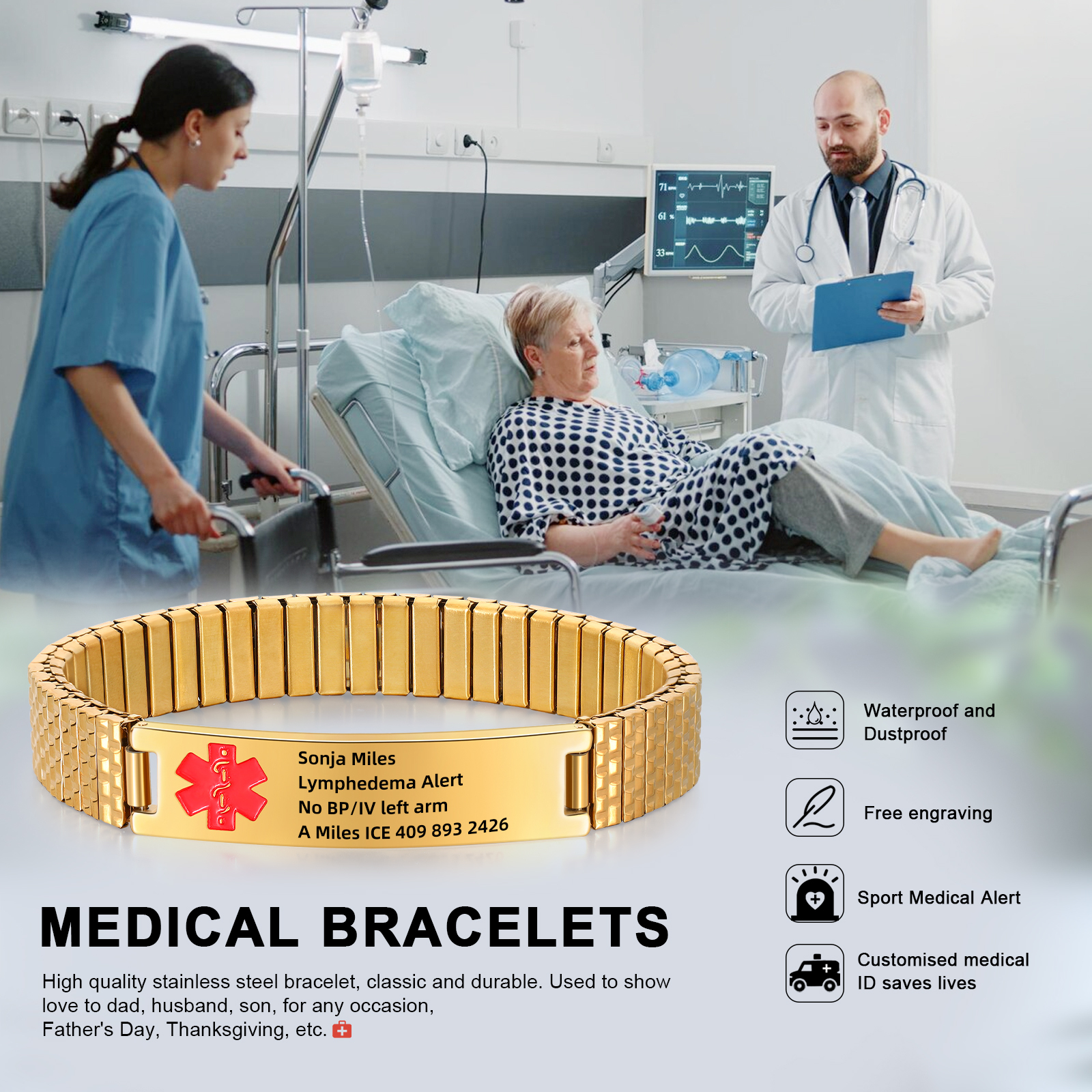 Herren Personalisierte 4 Texte Schwarz/ Golden Edelstahl Notfall-Medizin-Armband