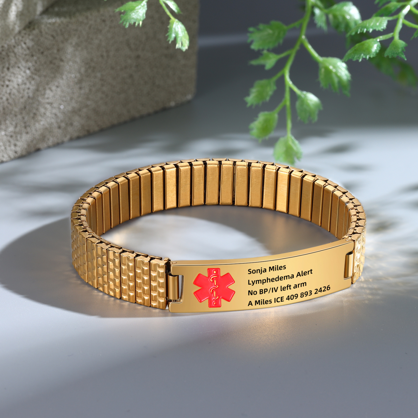 Herren Personalisierte 4 Texte Schwarz/ Golden Edelstahl Notfall-Medizin-Armband