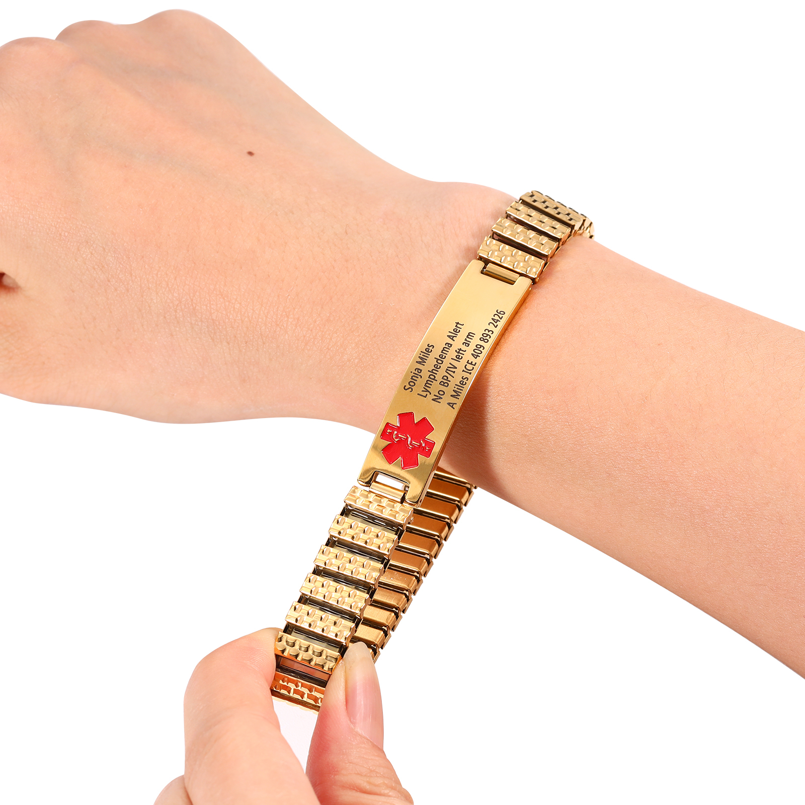 Herren Personalisierte 4 Texte Schwarz/ Golden Edelstahl Notfall-Medizin-Armband