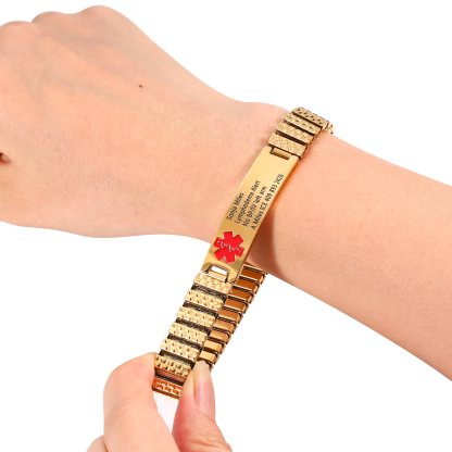 Herren Personalisierte 4 Texte Schwarz/ Golden Edelstahl Notfall-Medizin-Armband