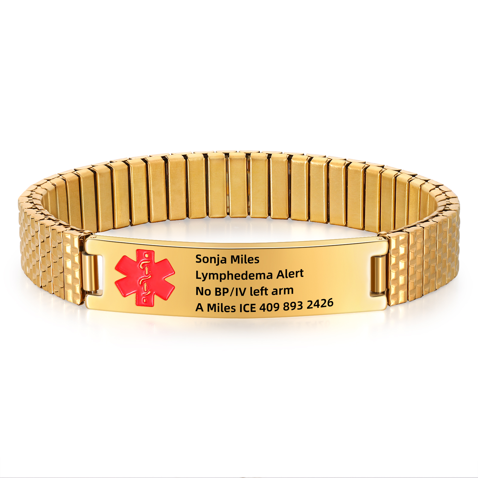 Herren Personalisierte 4 Texte Schwarz/ Golden Edelstahl Notfall-Medizin-Armband