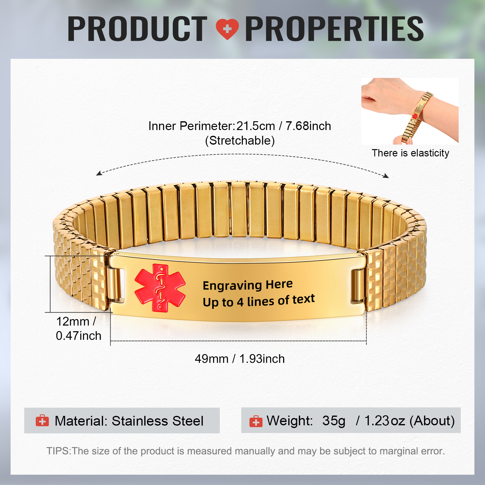 Herren Personalisierte 4 Texte Schwarz/ Golden Edelstahl Notfall-Medizin-Armband