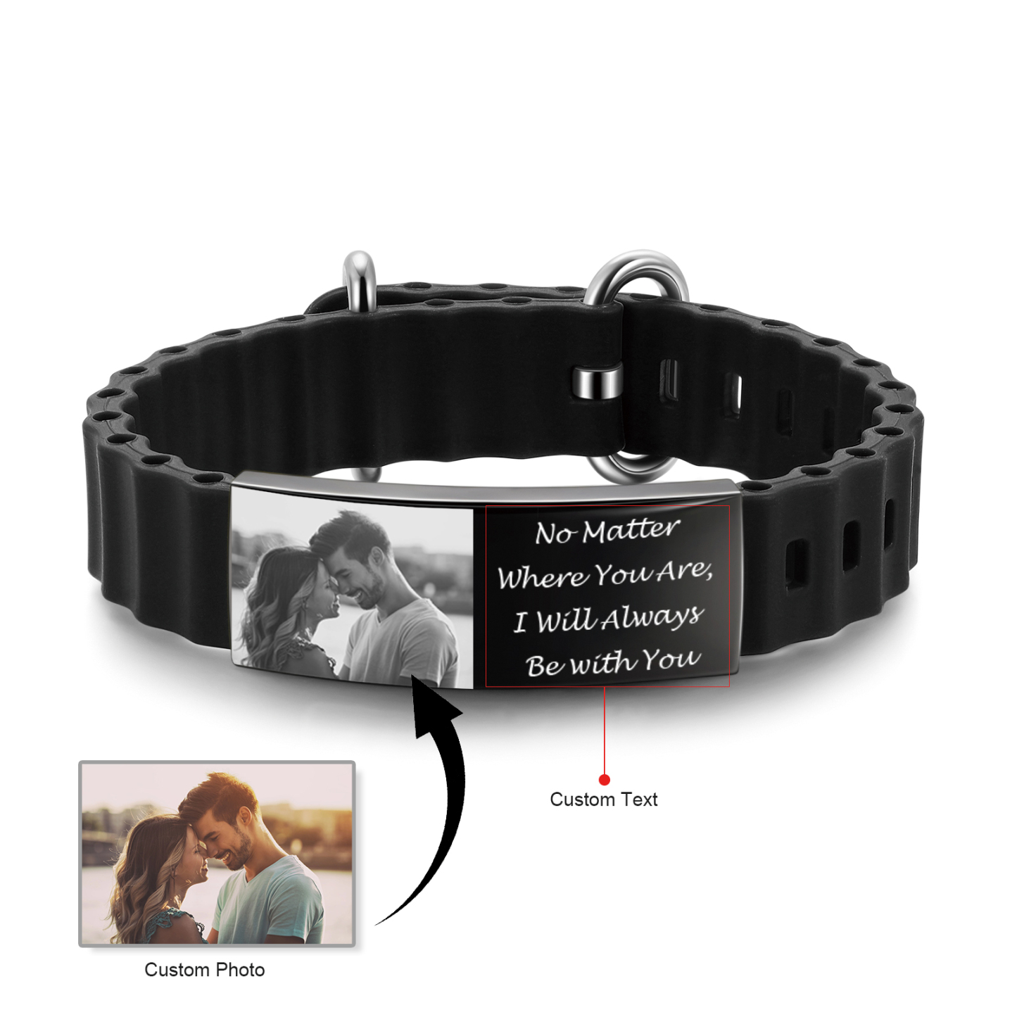 Personalisiertes Herren-Fotoarmband aus Silikon – mit Gravur & Wunschtext für Paare
