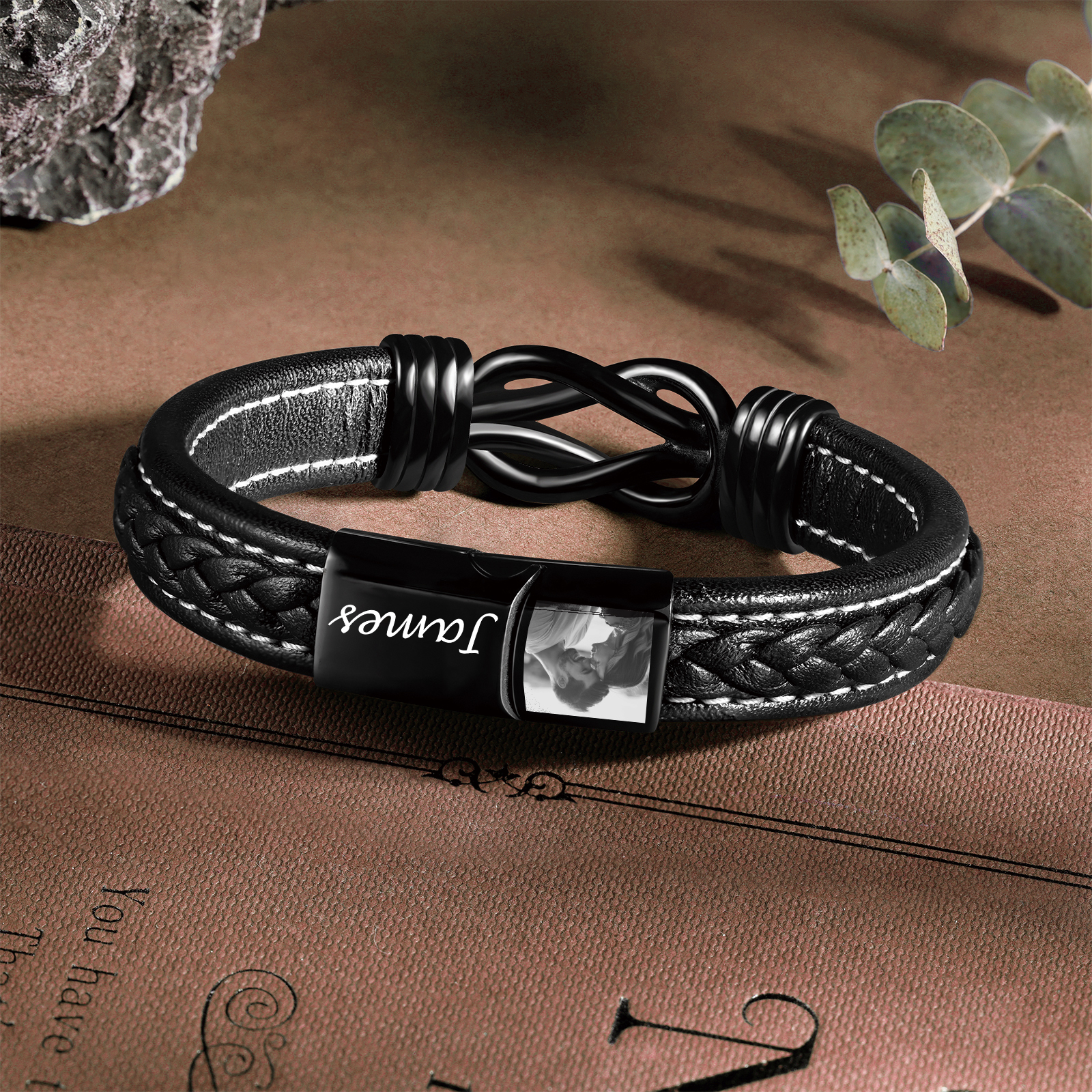 Geflochtenes Herren-Lederarmband mit Gravur und Foto – Geschenk mit Nachrichtenkarte für Mann