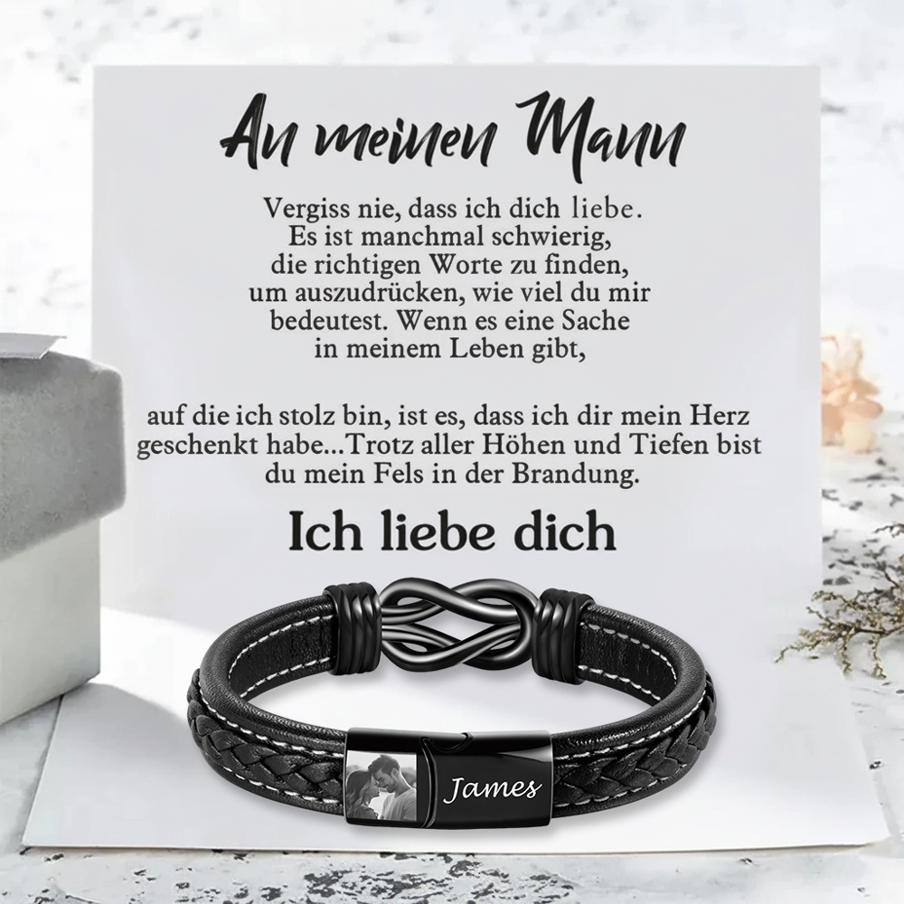 Geflochtenes Herren-Lederarmband mit Gravur und Foto – Geschenk mit Nachrichtenkarte für Mann