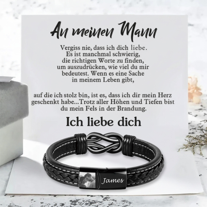 Geflochtenes Herren-Lederarmband mit Gravur und Foto – Geschenk mit Nachrichtenkarte für Mann