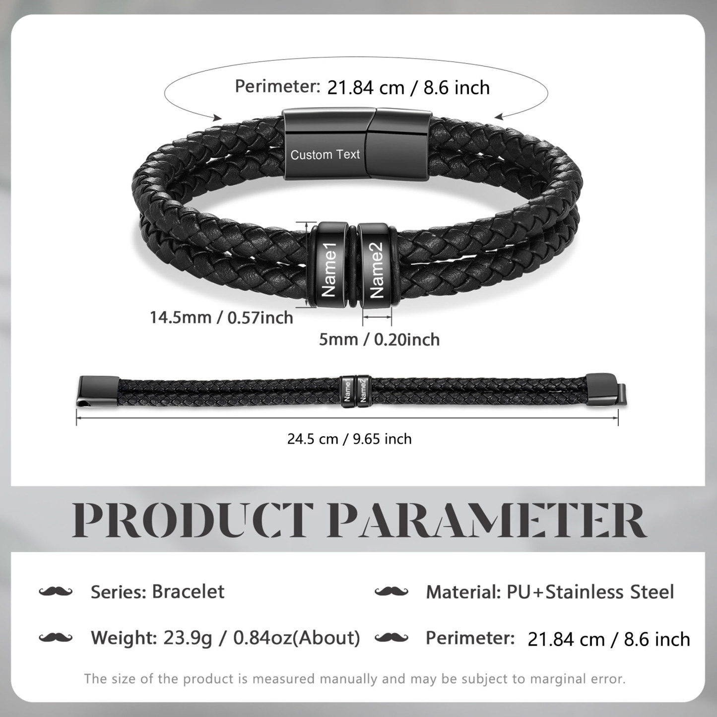 Personalisierbares Herren-Lederarmband mit 2–6 eingravierten Kindernamen, schwarzes geflochtenes Armband