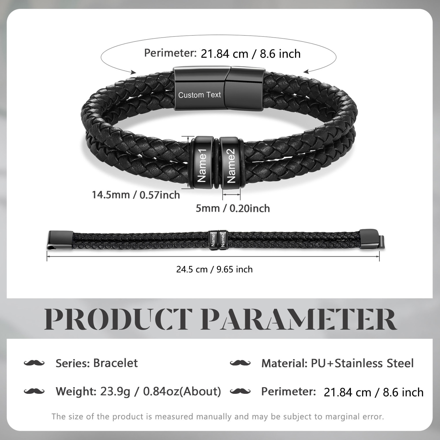 Personalisierbares Herren-Lederarmband mit 2–6 eingravierten Kindernamen, schwarzes geflochtenes Armband