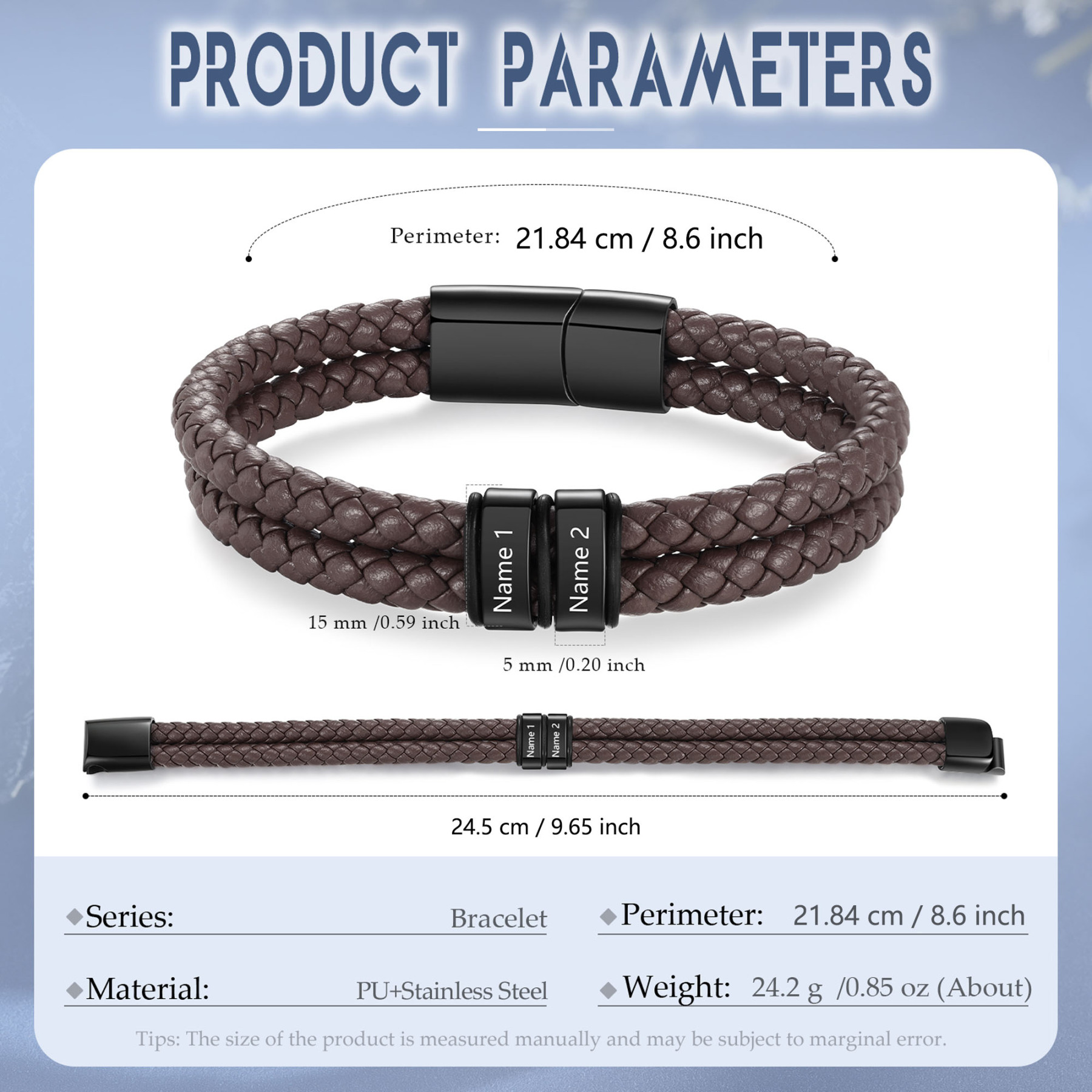 Personalisierbares Herren-Lederarmband mit 2–6 eingravierten Kindernamen, schwarzes geflochtenes Armband