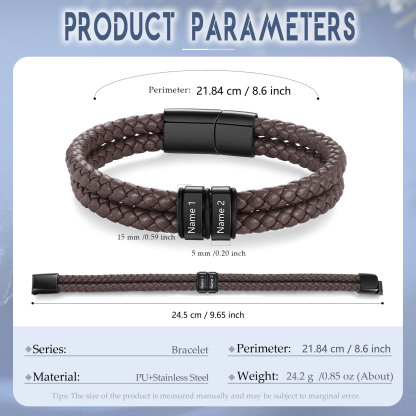 Personalisierbares Herren-Lederarmband mit 2–6 eingravierten Kindernamen, schwarzes geflochtenes Armband