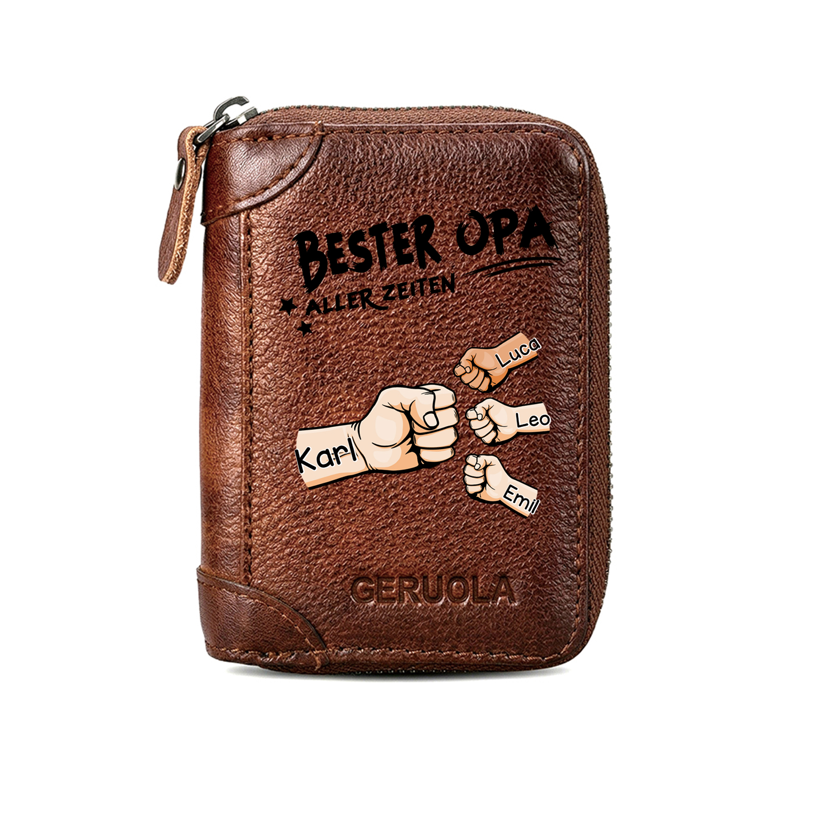 Personalisiertes Leder Kartenetui mit 1–6 Namen und Faustmotiv Reißverschluss-Geldbörse für den besten Papa und Opa