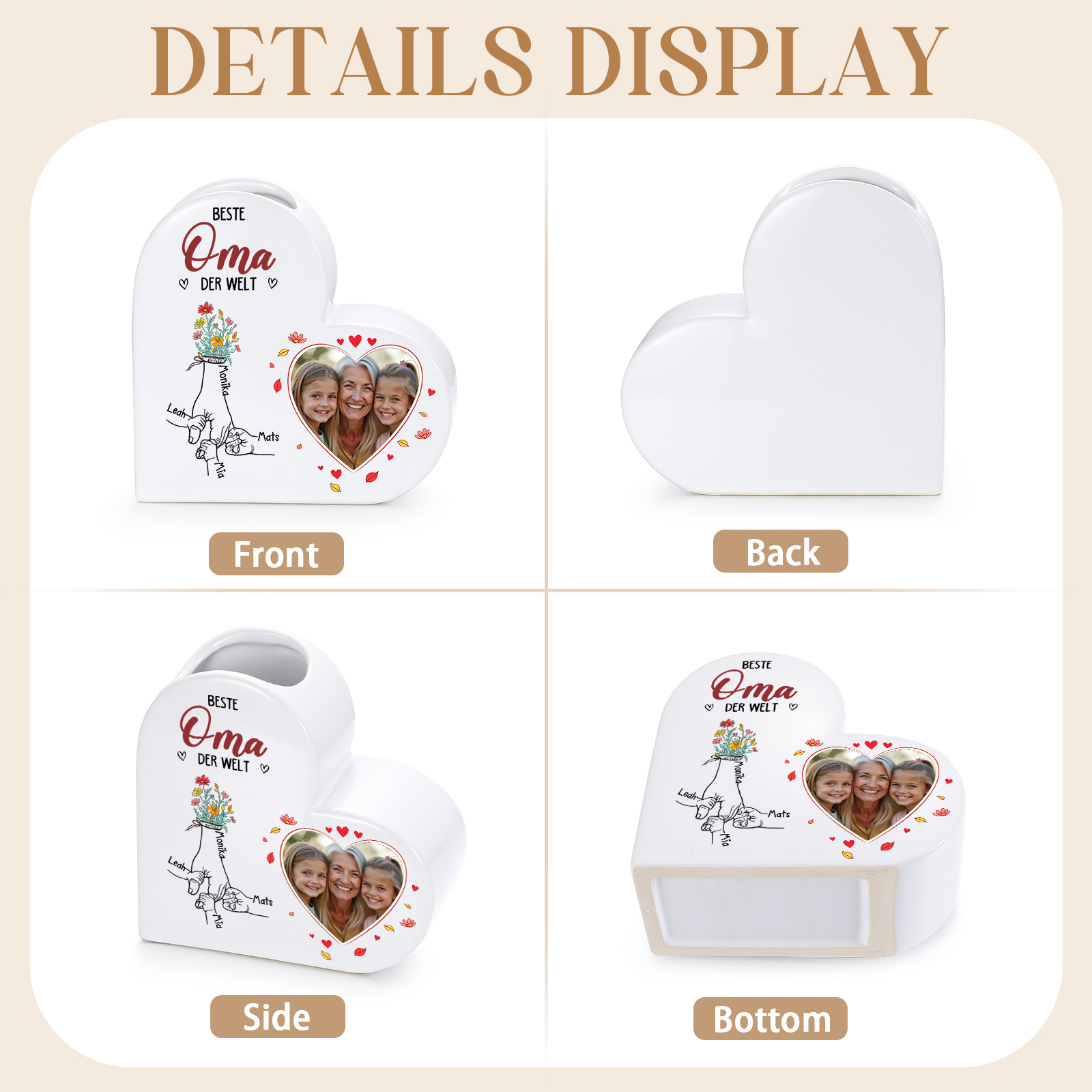 Personalisierte Keramikvase in Herzform mit 1 bis 6 Namen und Foto Geschenk für Mama oder Oma