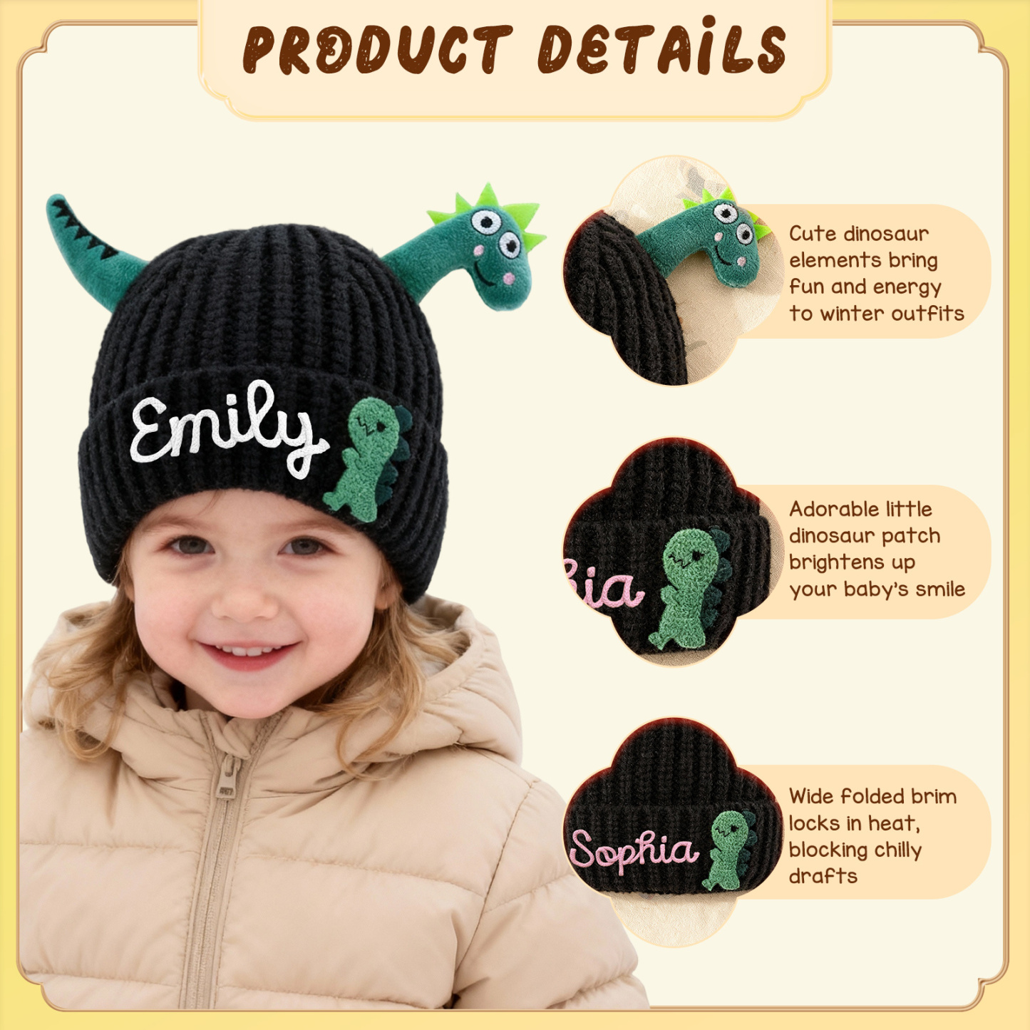Personalisierte Dinosaurier-Mützen mit Namen für Kleinkinder – handbestickte Kindermütze