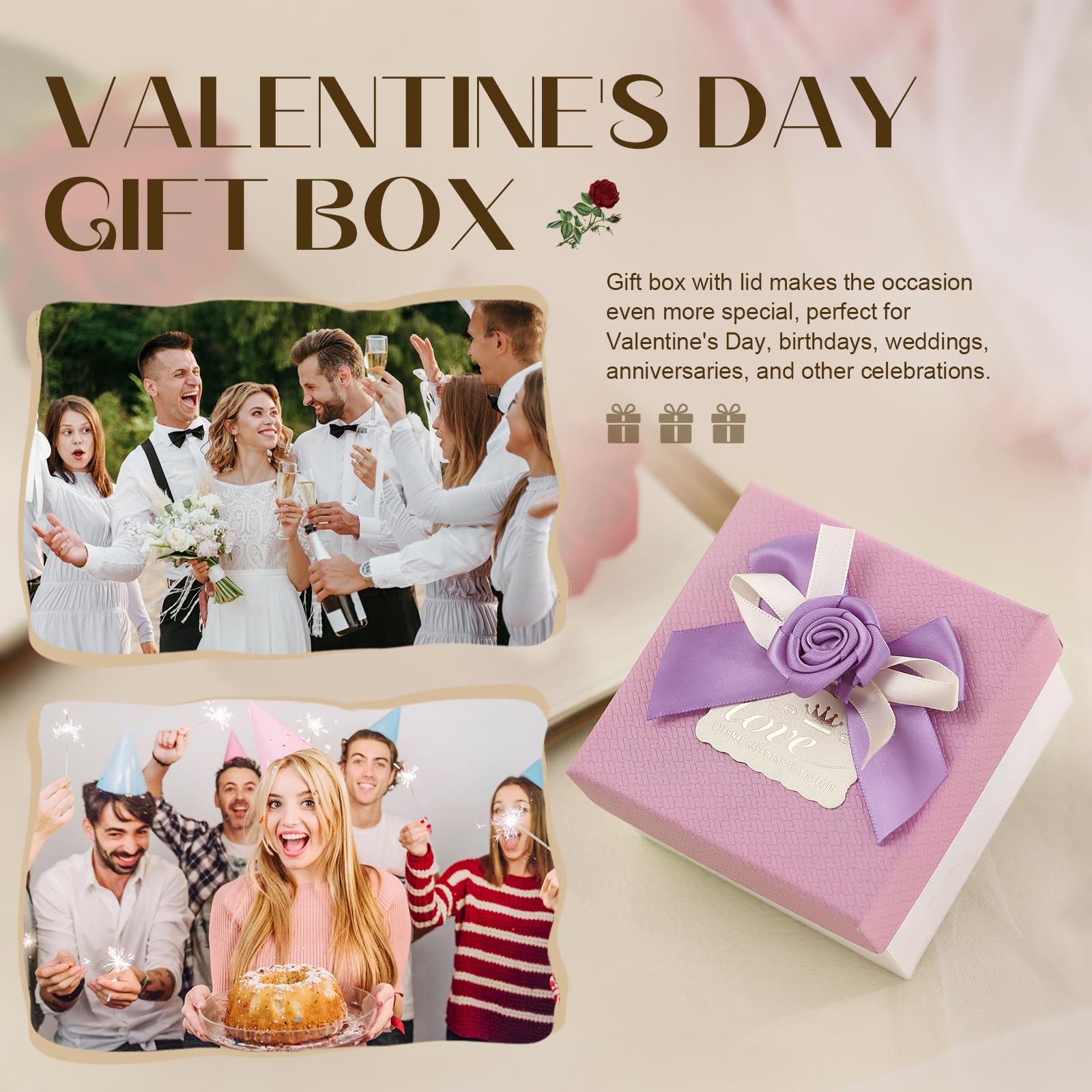 Rot & Weiß & Lila Exquisite Geschenkverpackung – Geschenkbox mit Blütenband