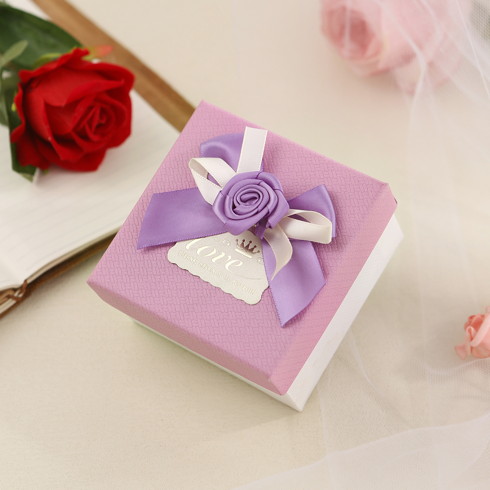 Rot & Weiß & Lila Exquisite Geschenkverpackung – Geschenkbox mit Blütenband