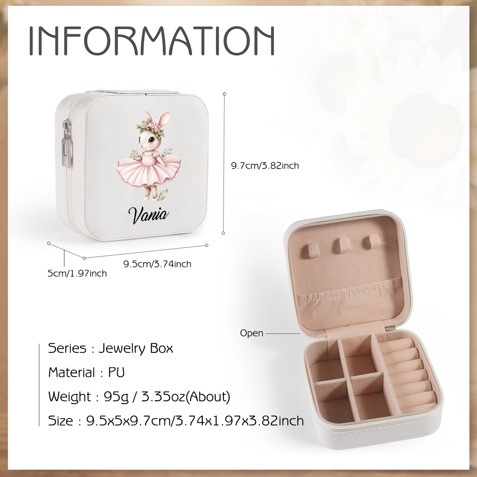 Personalisierter 1 Name Schmuckaufbewahrungsbox mit niedlichem Kaninchen – Tragbare quadratische Schmuckbox PU-Leder