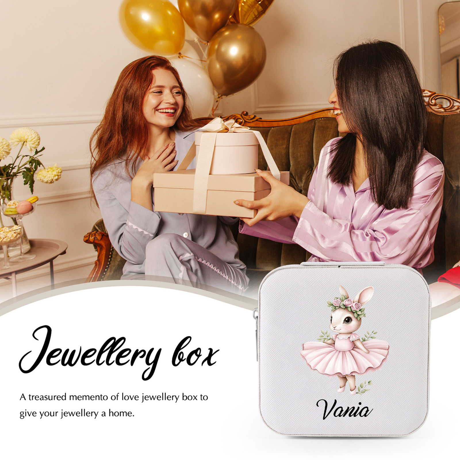 Personalisierter 1 Name Schmuckaufbewahrungsbox mit niedlichem Kaninchen – Tragbare quadratische Schmuckbox PU-Leder