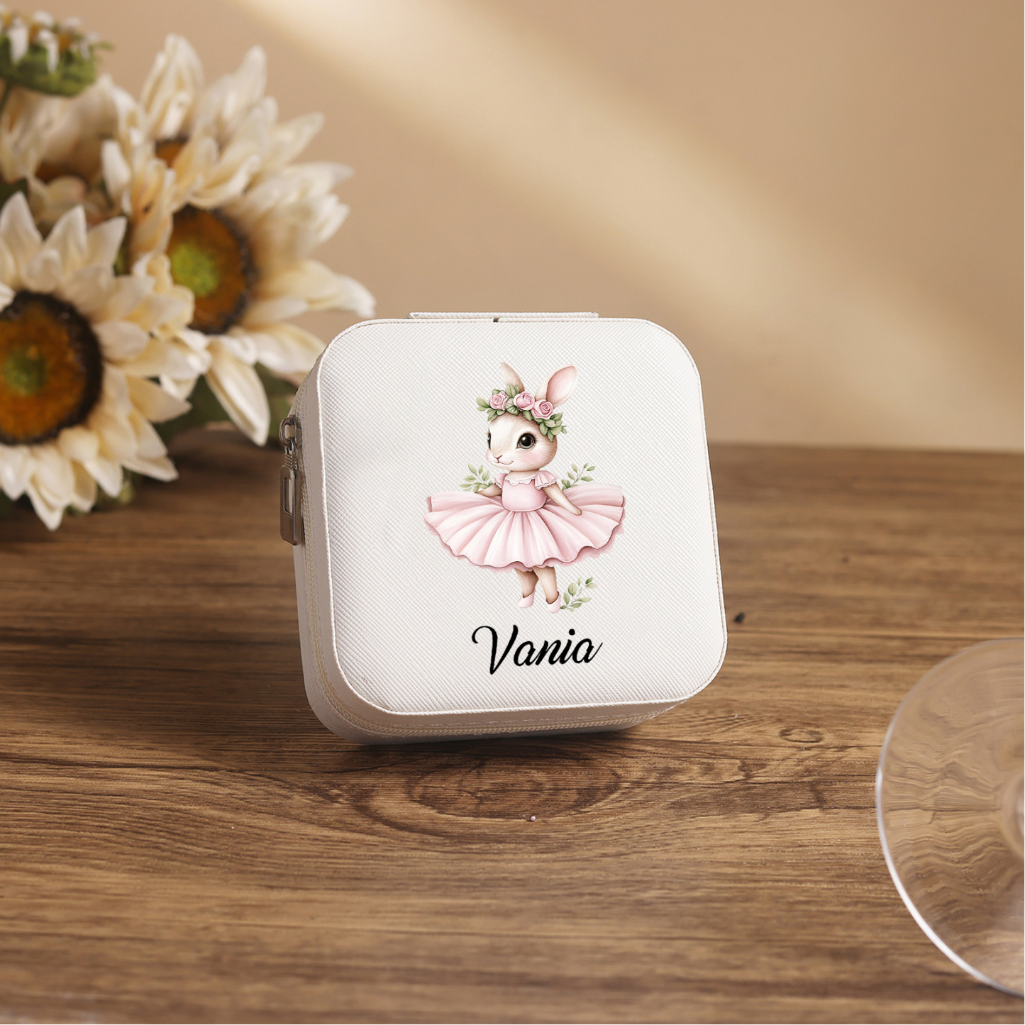 Personalisierter 1 Name Schmuckaufbewahrungsbox mit niedlichem Kaninchen – Tragbare quadratische Schmuckbox PU-Leder