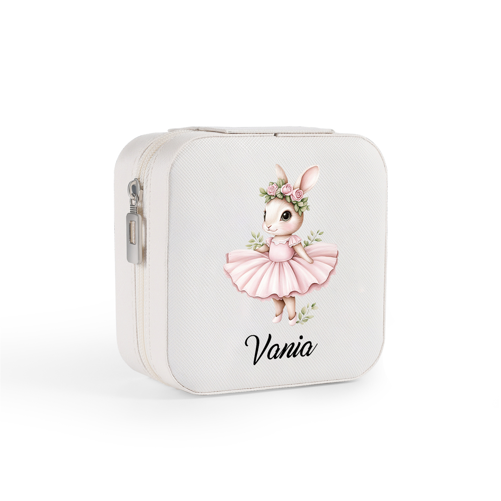 Personalisierter 1 Name Schmuckaufbewahrungsbox mit niedlichem Kaninchen – Tragbare quadratische Schmuckbox PU-Leder