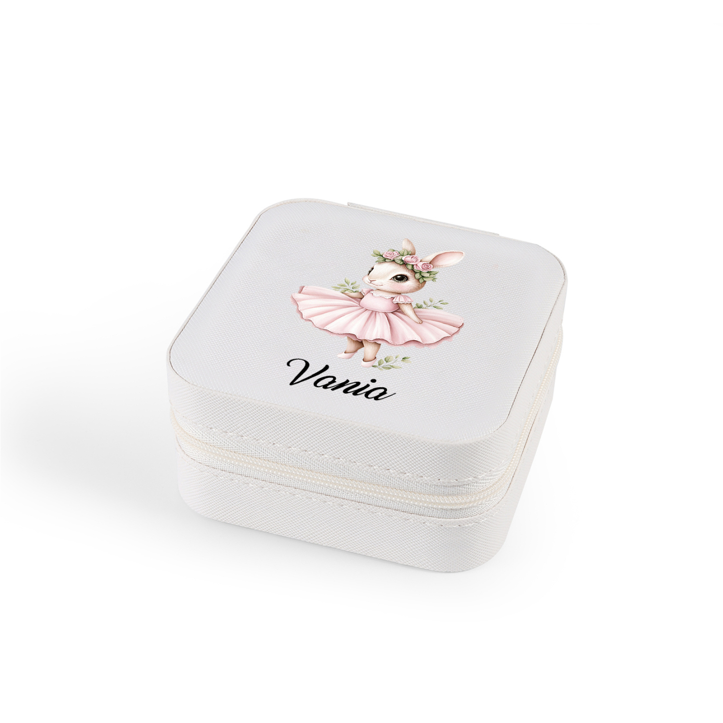 Personalisierter 1 Name Schmuckaufbewahrungsbox mit niedlichem Kaninchen – Tragbare quadratische Schmuckbox PU-Leder