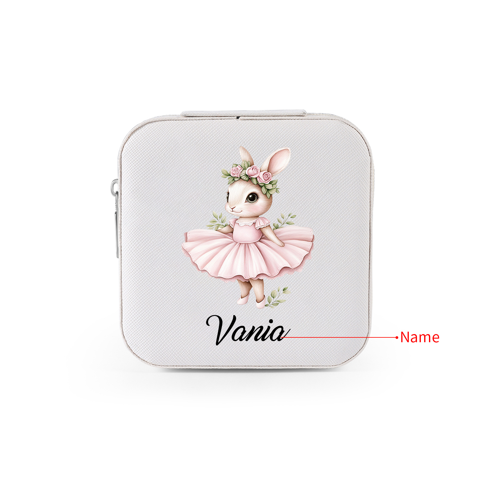 Personalisierter 1 Name Schmuckaufbewahrungsbox mit niedlichem Kaninchen – Tragbare quadratische Schmuckbox PU-Leder