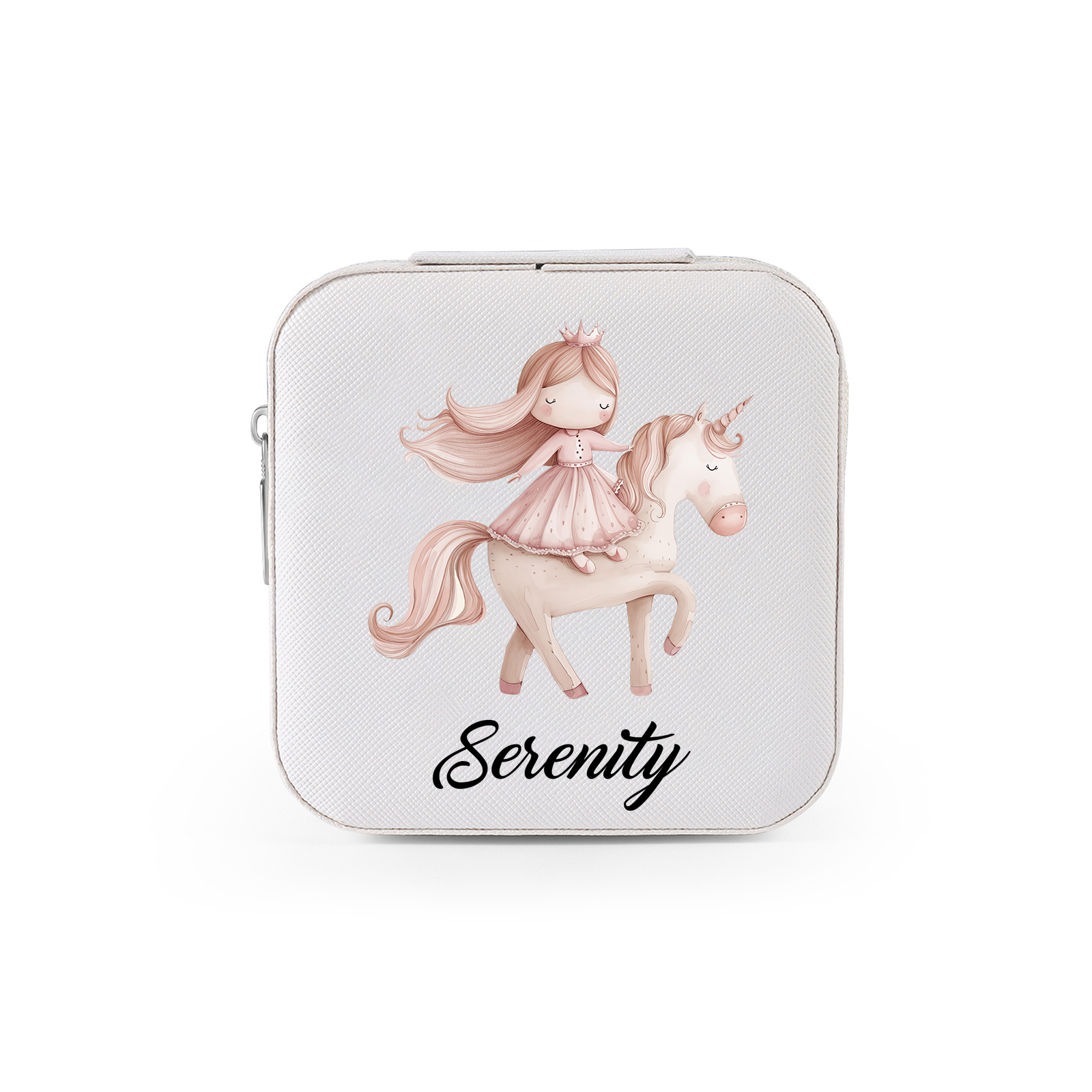 Personalisierter 1 Name Schmuckaufbewahrungsbox mit Einhorn & Prinzessin – Quadratische tragbare PU-Schmuckbox