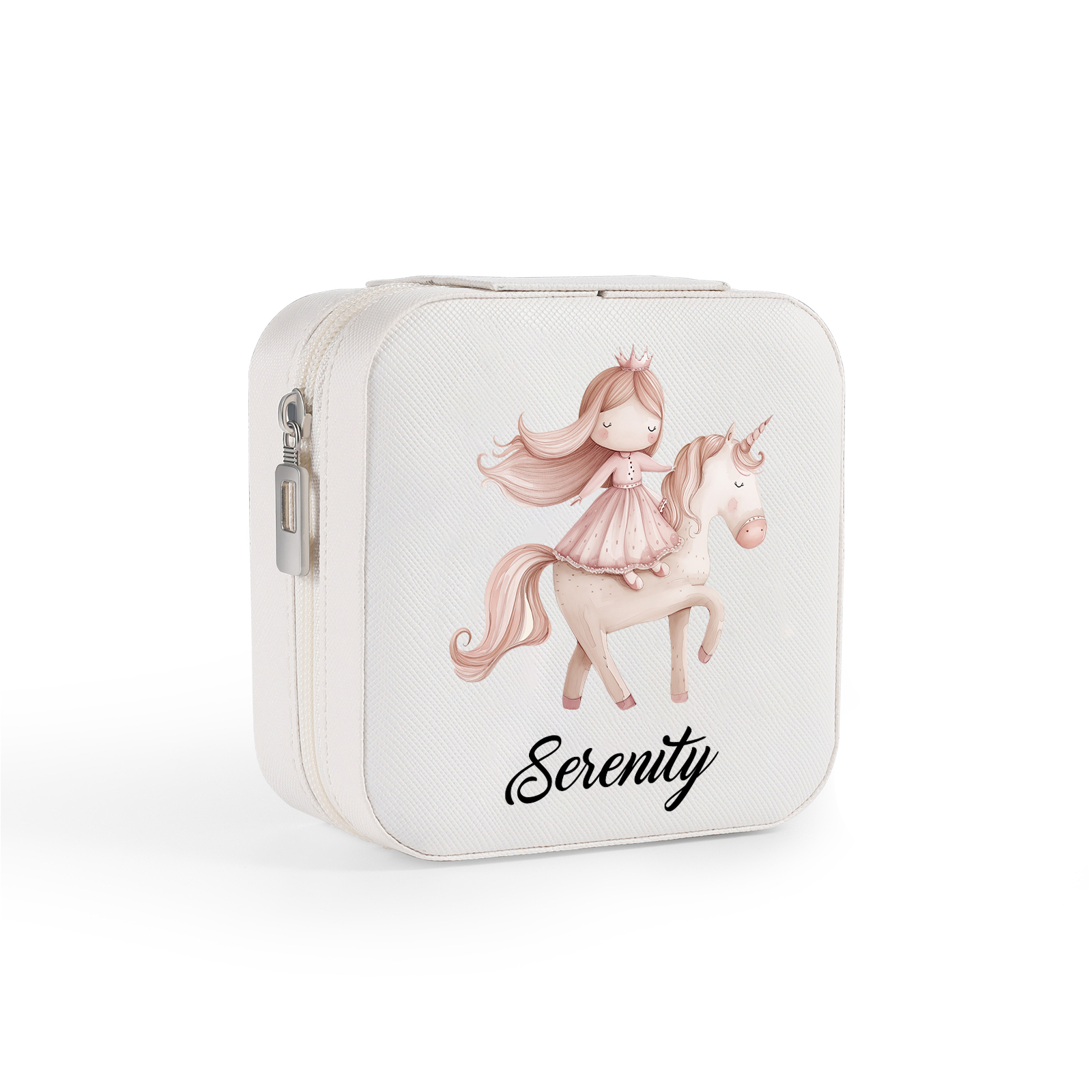 Personalisierter 1 Name Schmuckaufbewahrungsbox mit Einhorn & Prinzessin – Quadratische tragbare PU-Schmuckbox