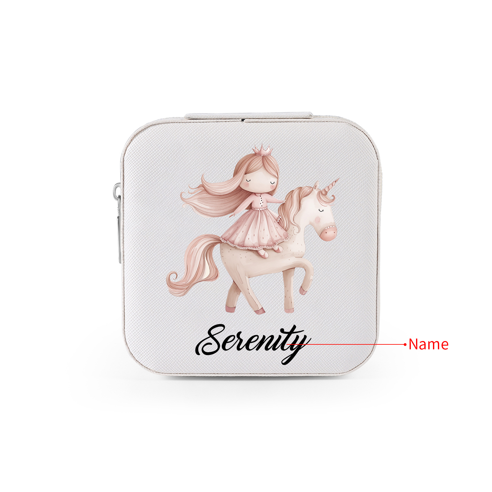 Personalisierter 1 Name Schmuckaufbewahrungsbox mit Einhorn & Prinzessin – Quadratische tragbare PU-Schmuckbox