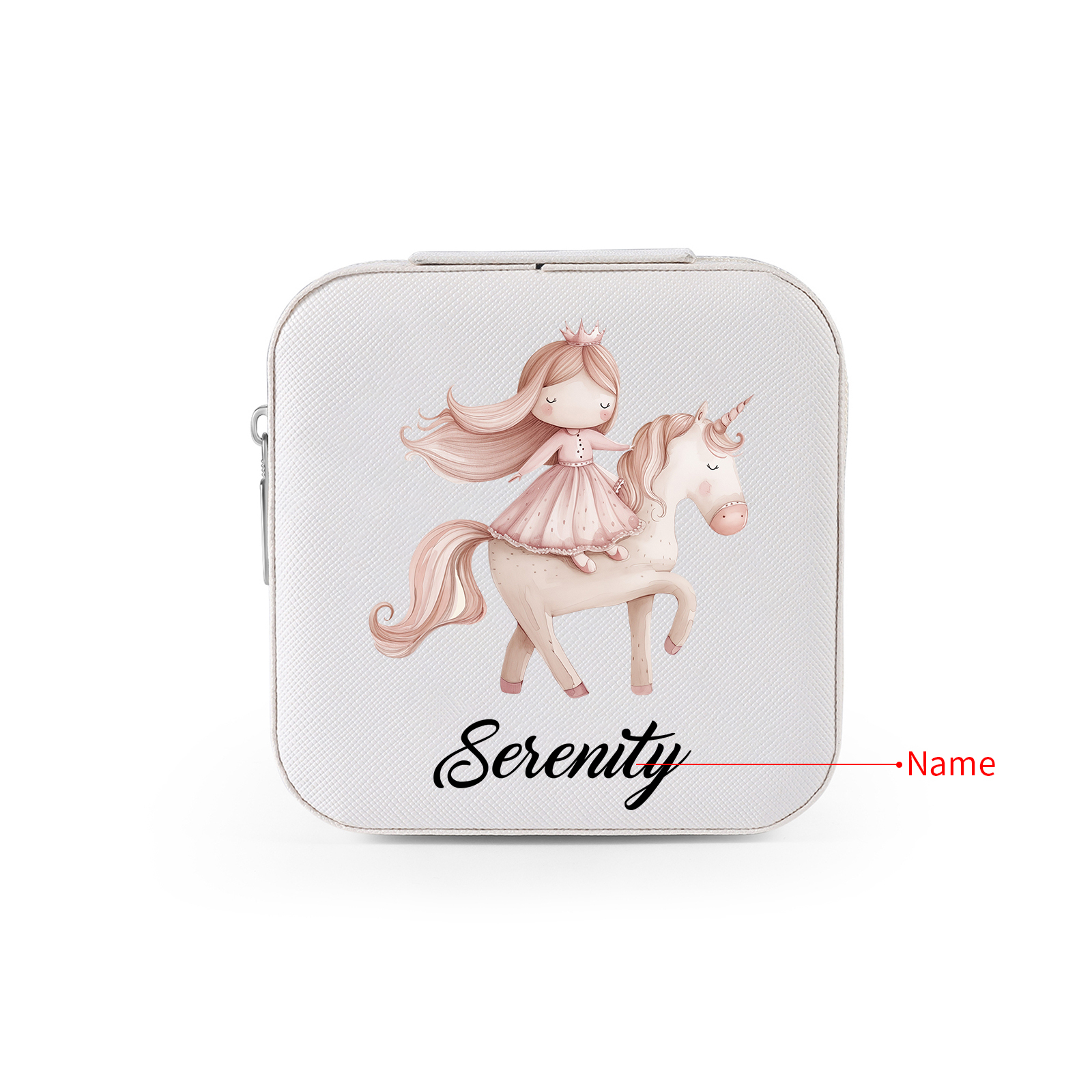 Personalisierter 1 Name Schmuckaufbewahrungsbox mit Einhorn & Prinzessin – Quadratische tragbare PU-Schmuckbox