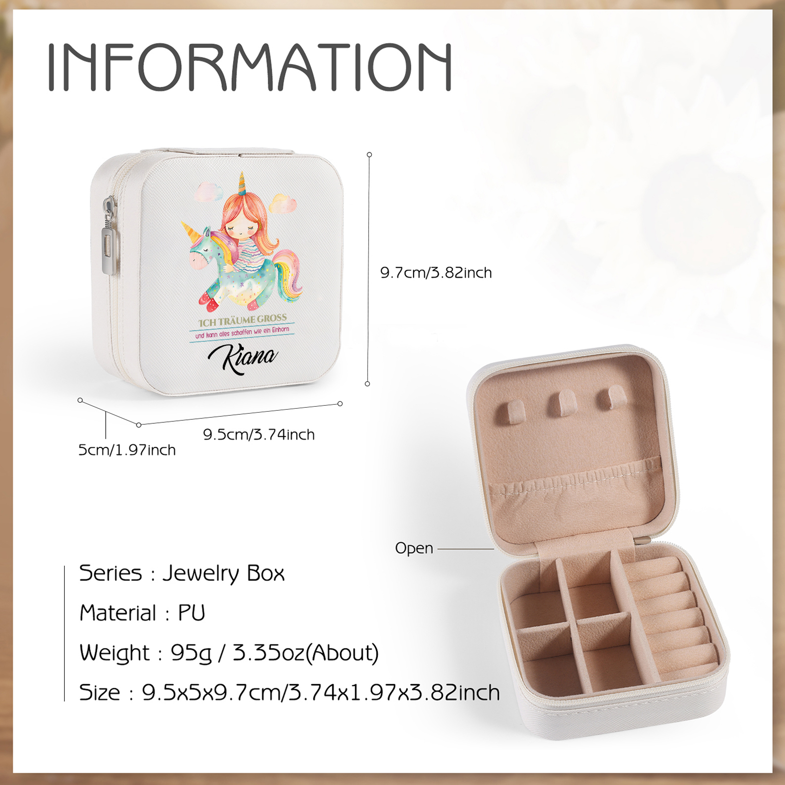 Personalisierter 1 Name Aufbewahrungsbox für Schmuck – Ich träume groß und kann alles schaffen wie ein Einhorn – Quadratische tragbare PU-Schmuckbox