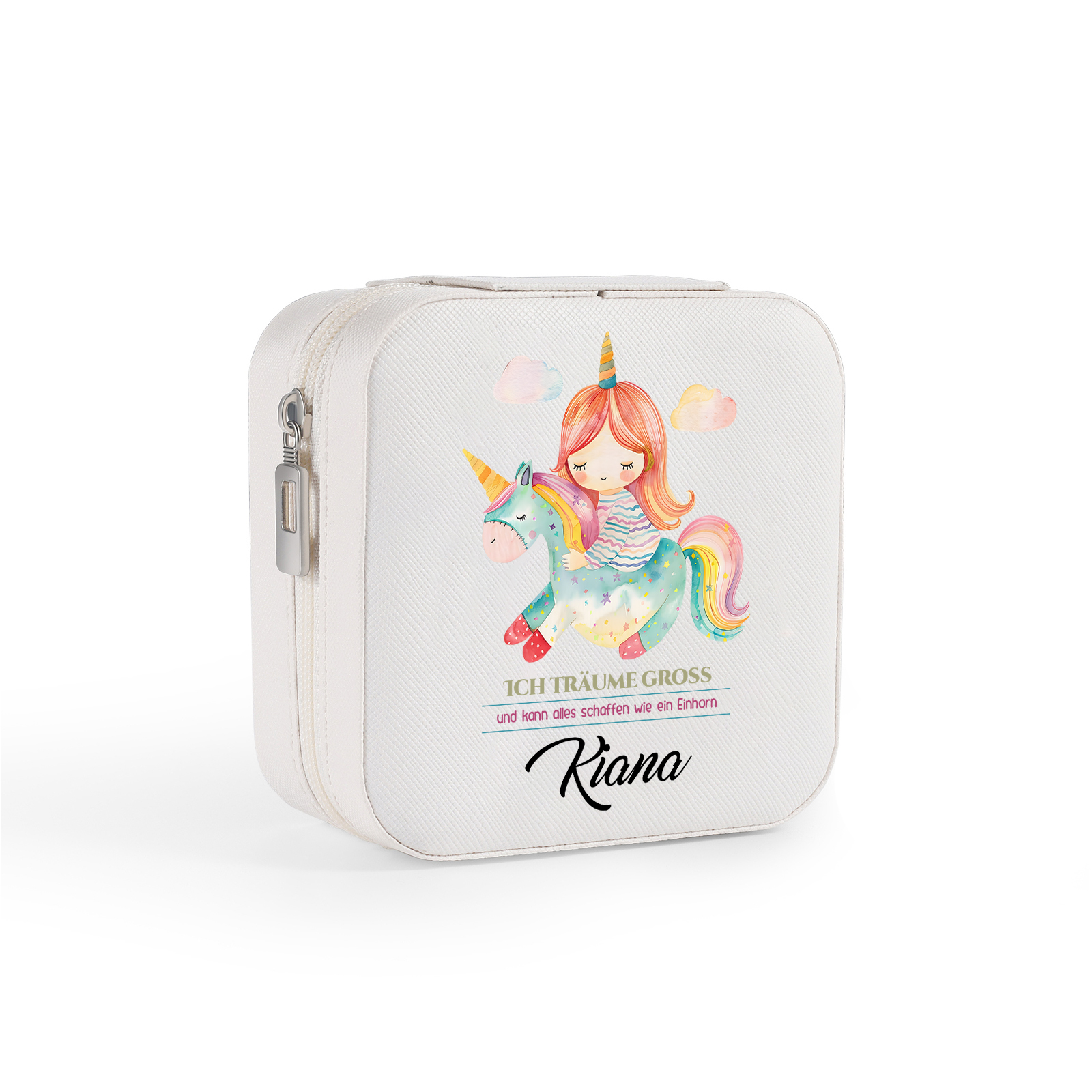 Personalisierter 1 Name Aufbewahrungsbox für Schmuck – Ich träume groß und kann alles schaffen wie ein Einhorn – Quadratische tragbare PU-Schmuckbox