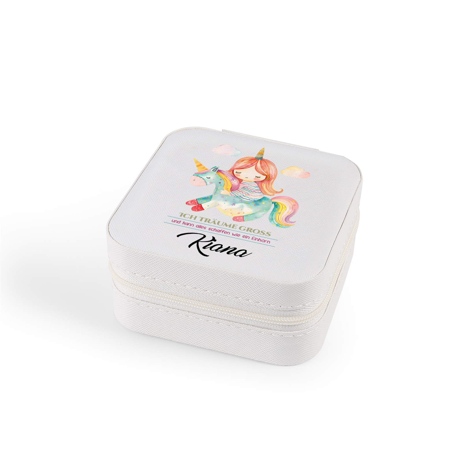 Personalisierter 1 Name Aufbewahrungsbox für Schmuck – Ich träume groß und kann alles schaffen wie ein Einhorn – Quadratische tragbare PU-Schmuckbox