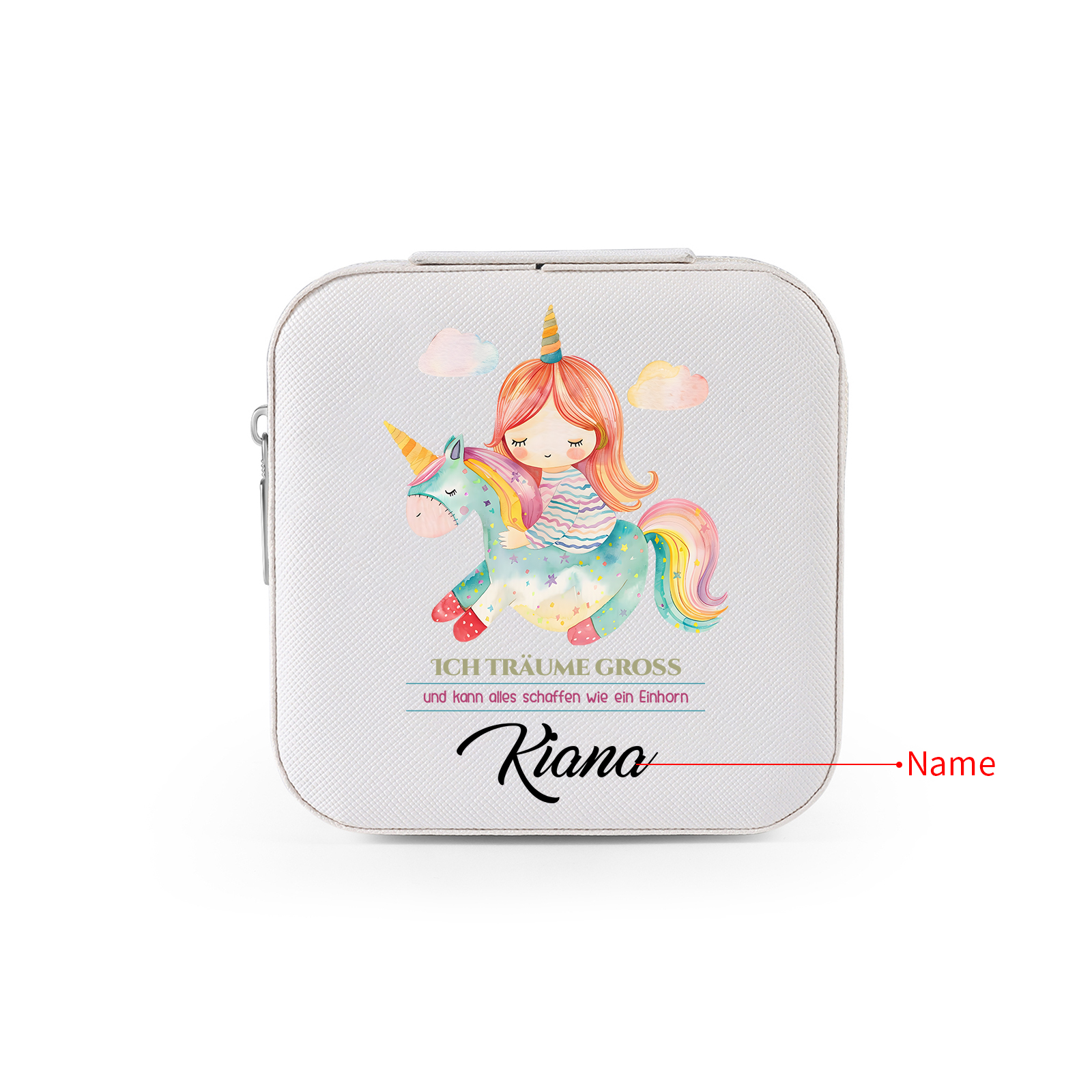 Personalisierter 1 Name Aufbewahrungsbox für Schmuck – Ich träume groß und kann alles schaffen wie ein Einhorn – Quadratische tragbare PU-Schmuckbox