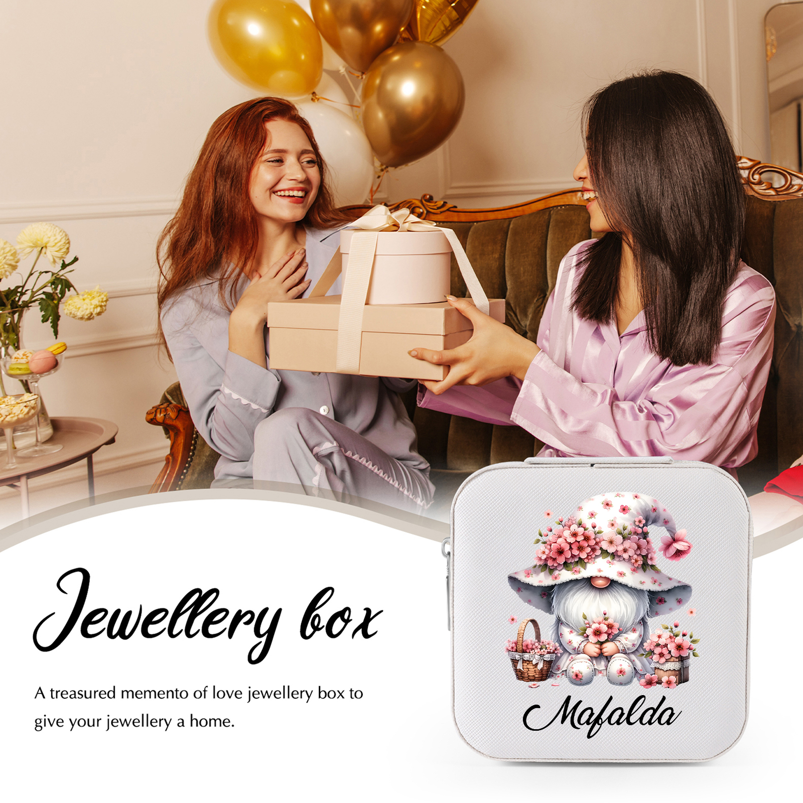 Personalisierter 1 Name Aufbewahrungsbox für Schmuck mit Blumen-Wichtel – Quadratische tragbare PU-Schmuckbox