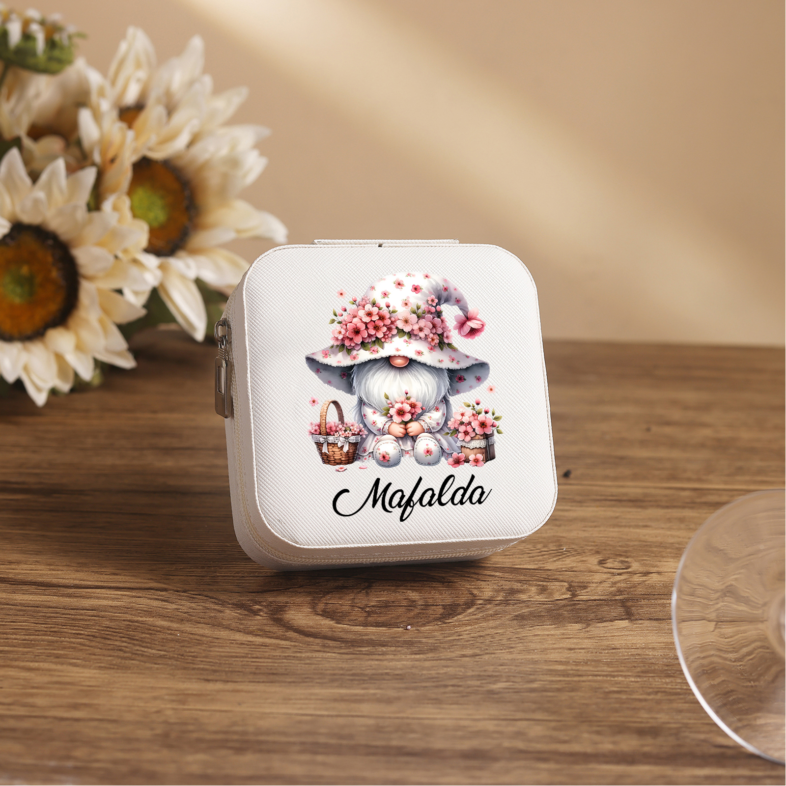 Personalisierter 1 Name Aufbewahrungsbox für Schmuck mit Blumen-Wichtel – Quadratische tragbare PU-Schmuckbox