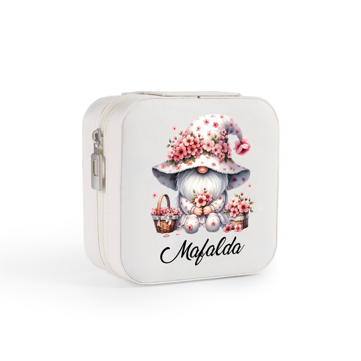 Personalisierter 1 Name Aufbewahrungsbox für Schmuck mit Blumen-Wichtel – Quadratische tragbare PU-Schmuckbox