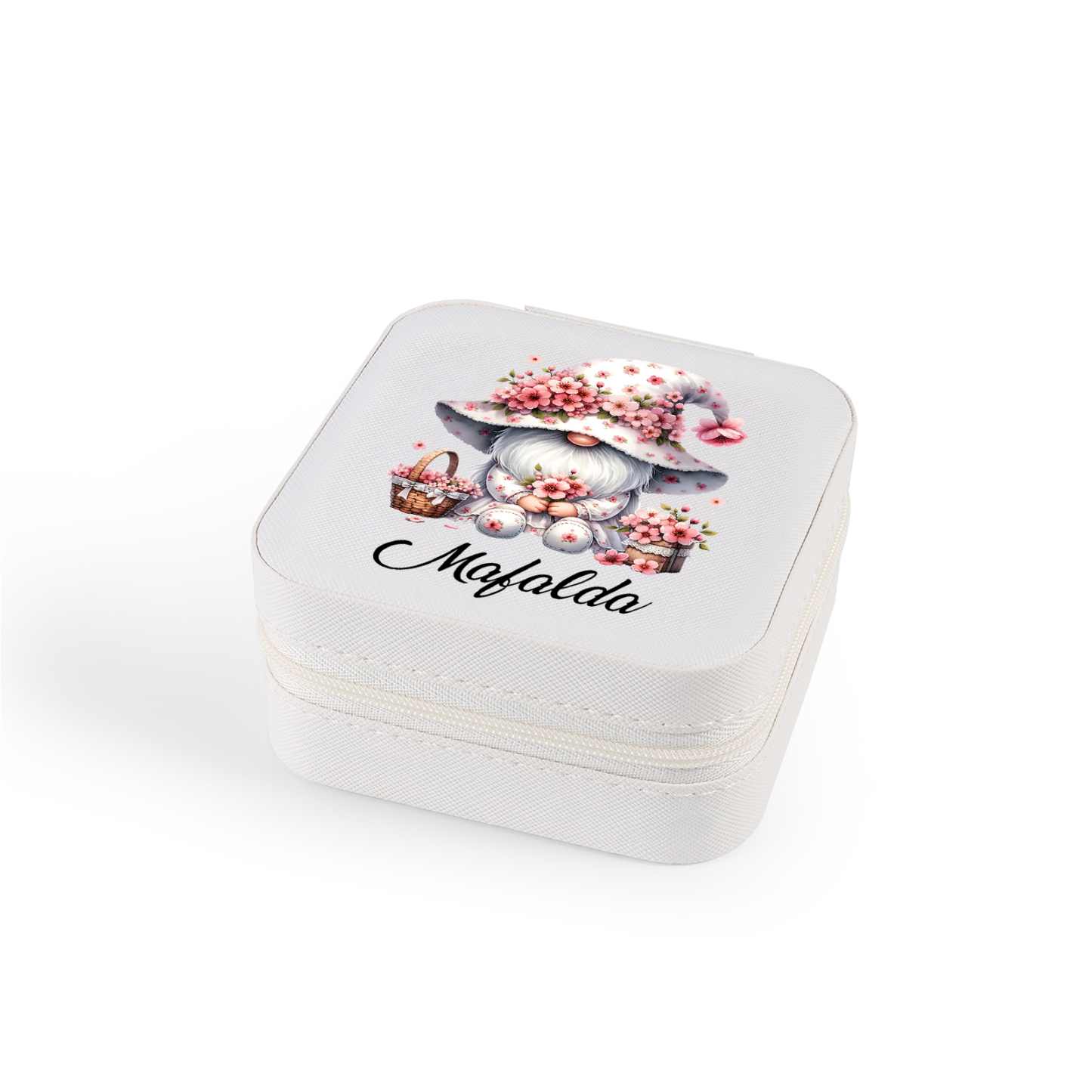 Personalisierter 1 Name Aufbewahrungsbox für Schmuck mit Blumen-Wichtel – Quadratische tragbare PU-Schmuckbox