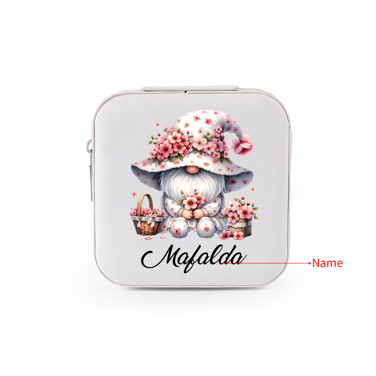 Personalisierter 1 Name Aufbewahrungsbox für Schmuck mit Blumen-Wichtel – Quadratische tragbare PU-Schmuckbox
