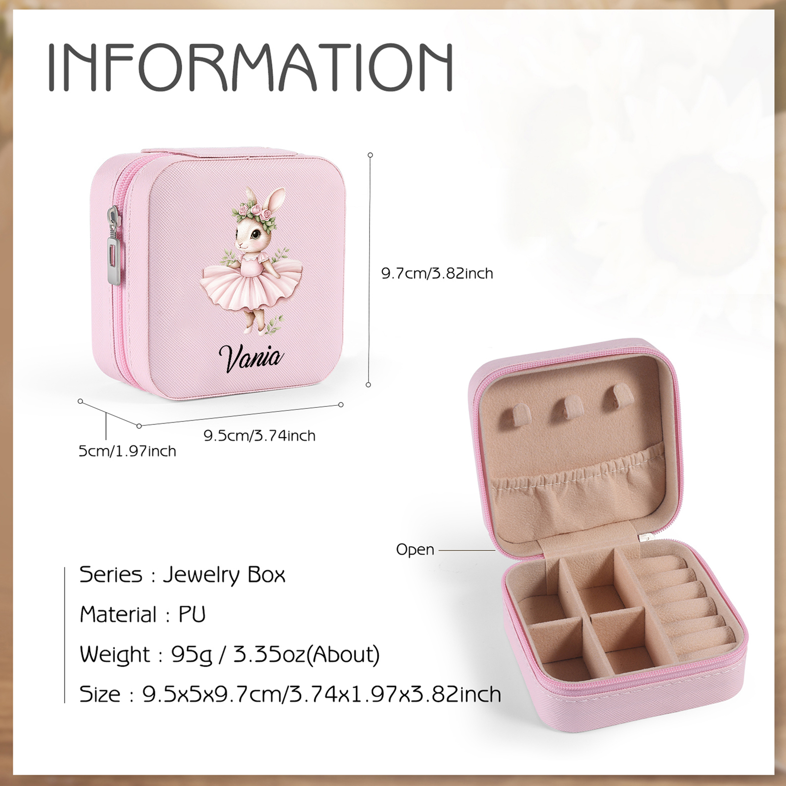 Personalisierter 1 Name Schmuckaufbewahrungsbox mit niedlichem Kaninchen – Tragbare quadratische Schmuckbox PU-Leder