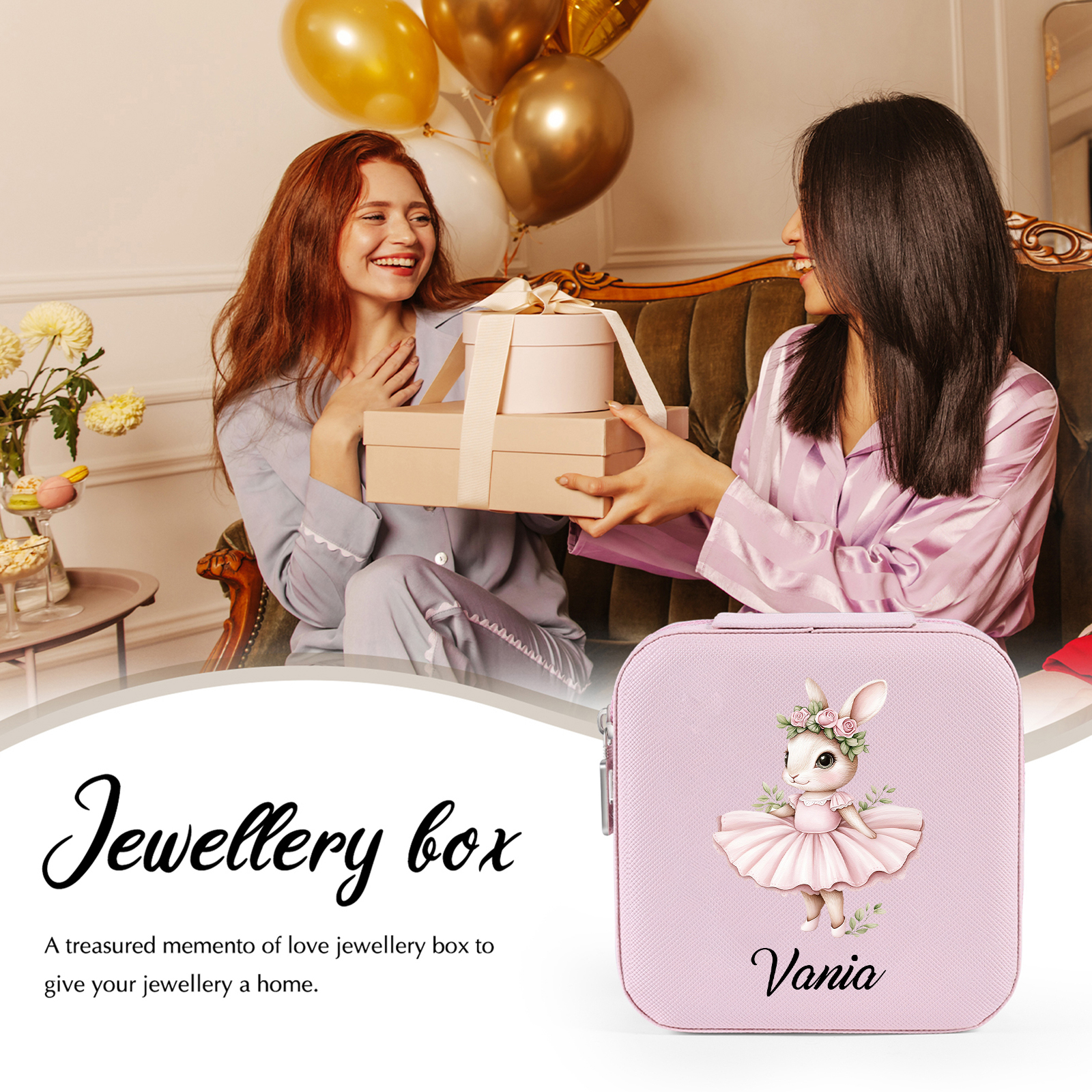 Personalisierter 1 Name Schmuckaufbewahrungsbox mit niedlichem Kaninchen – Tragbare quadratische Schmuckbox PU-Leder