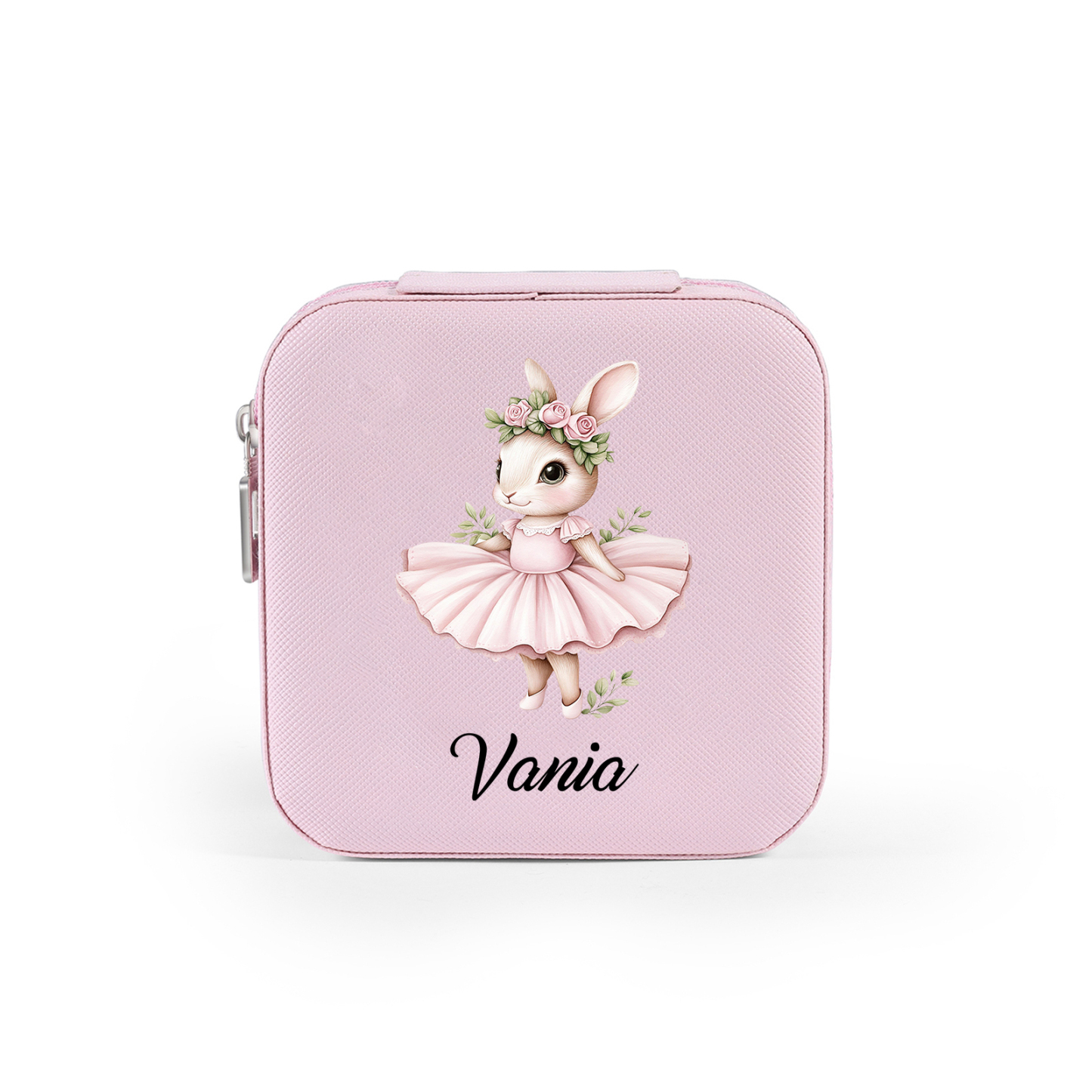 Personalisierter 1 Name Schmuckaufbewahrungsbox mit niedlichem Kaninchen – Tragbare quadratische Schmuckbox PU-Leder