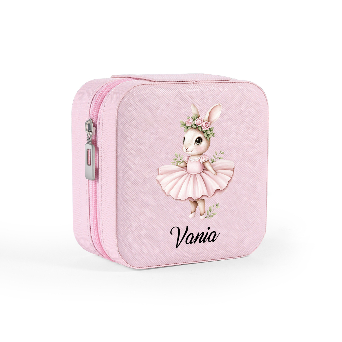 Personalisierter 1 Name Schmuckaufbewahrungsbox mit niedlichem Kaninchen – Tragbare quadratische Schmuckbox PU-Leder