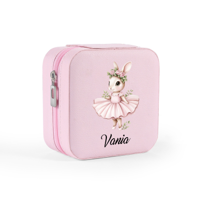 Personalisierter 1 Name Schmuckaufbewahrungsbox mit niedlichem Kaninchen – Tragbare quadratische Schmuckbox PU-Leder