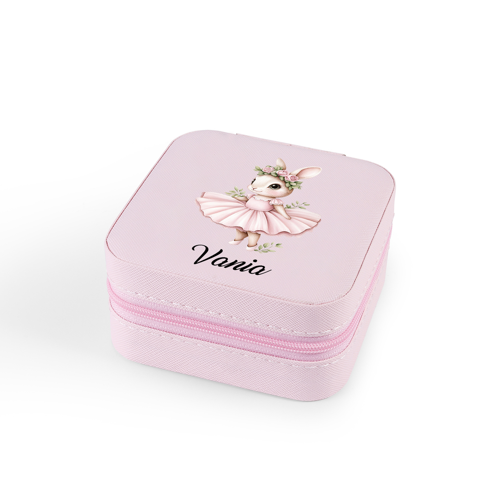 Personalisierter 1 Name Schmuckaufbewahrungsbox mit niedlichem Kaninchen – Tragbare quadratische Schmuckbox PU-Leder