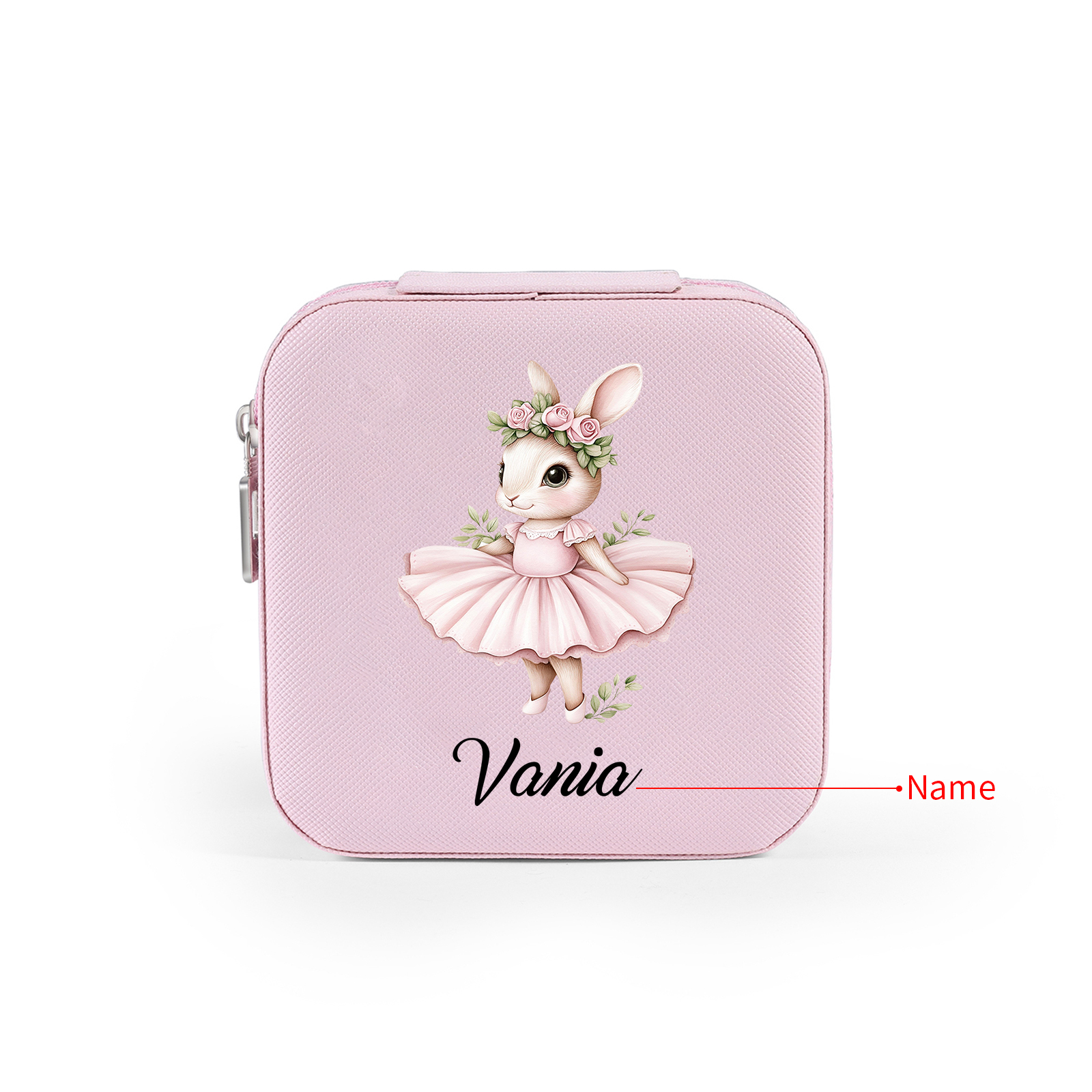 Personalisierter 1 Name Schmuckaufbewahrungsbox mit niedlichem Kaninchen – Tragbare quadratische Schmuckbox PU-Leder
