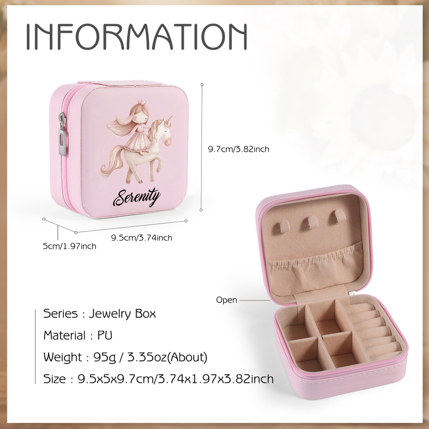 Personalisierter 1 Name Schmuckaufbewahrungsbox mit Einhorn & Prinzessin – Quadratische tragbare PU-Schmuckbox