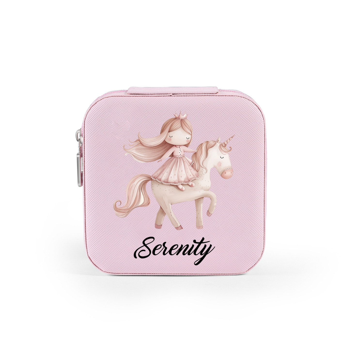 Personalisierter 1 Name Schmuckaufbewahrungsbox mit Einhorn & Prinzessin – Quadratische tragbare PU-Schmuckbox