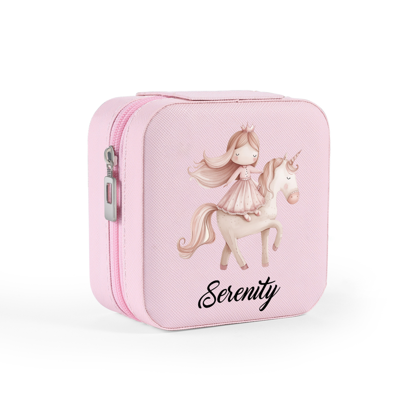 Personalisierter 1 Name Schmuckaufbewahrungsbox mit Einhorn & Prinzessin – Quadratische tragbare PU-Schmuckbox